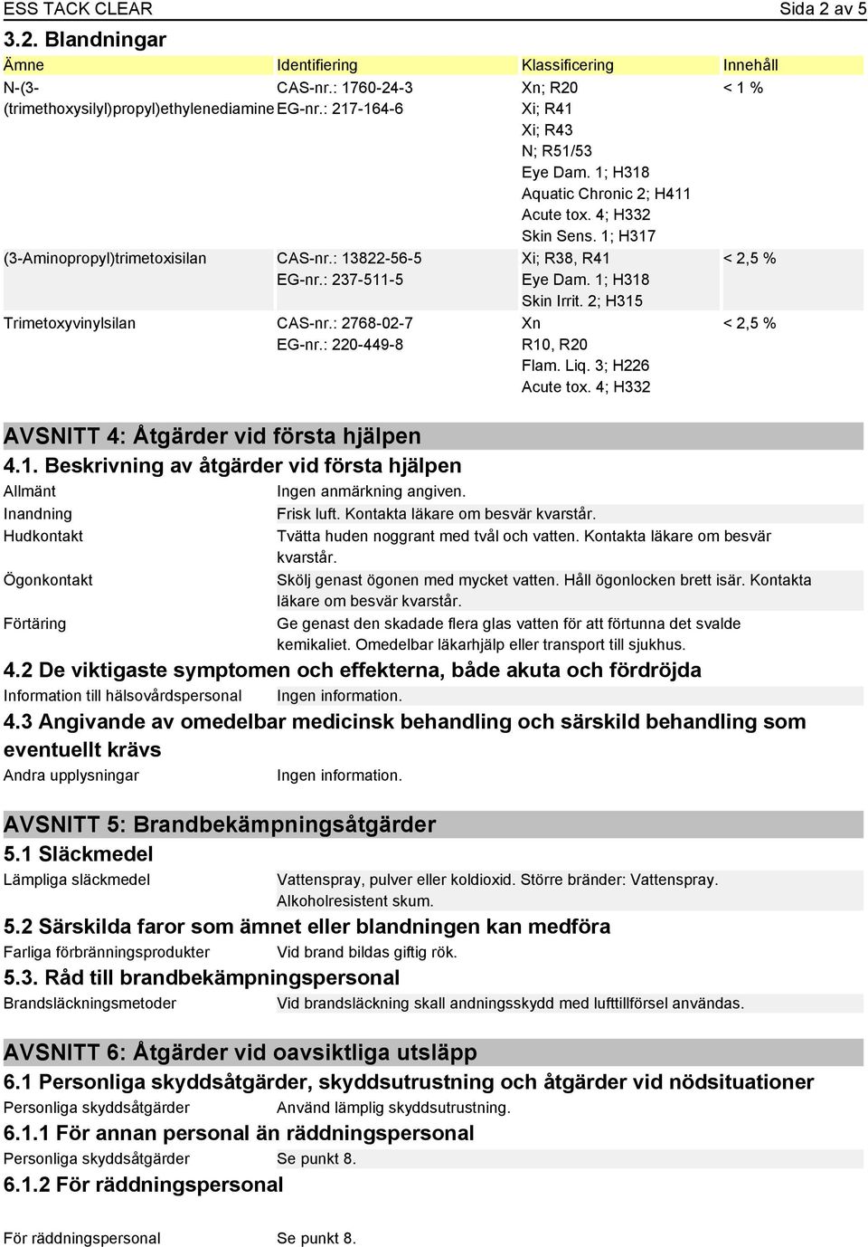 Inandning Frisk luft. Kontakta läkare om besvär kvarstår. Hudkontakt Ögonkontakt Förtäring Xn; R20 Xi; R41 Xi; R43 N; R51/53 Eye Dam. 1; H318 Aquatic Chronic 2; H411 Acute tox. 4; H332 Skin Sens.