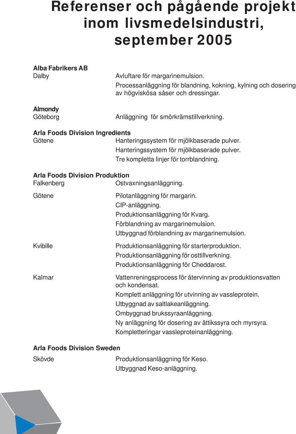 Arla Foods Division Ingredients Götene Hanteringssystem för mjölkbaserade pulver. Hanteringssystem för mjölkbaserade pulver. Tre kompletta linjer för torrblandning.