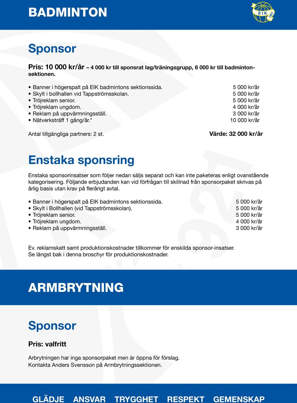 4 000 kr/år 3 000 kr/år Värde: 32 000 kr/år Enstaka sponsring Enstaka sponsorinsatser som följer nedan säljs separat och kan inte paketeras enligt ovanstående kategorisering.