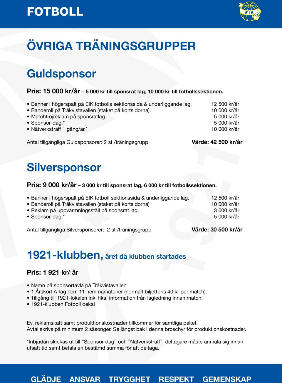 * 12 500 kr/år Antal tillgängliga Guldsponsorer: 2 st /träningsgrupp Värde: 42 500 kr/år Silversponsor Pris: 9 000 kr/år 3 000 kr till sponsrat lag, 6 000 kr till fotbollssektionen.