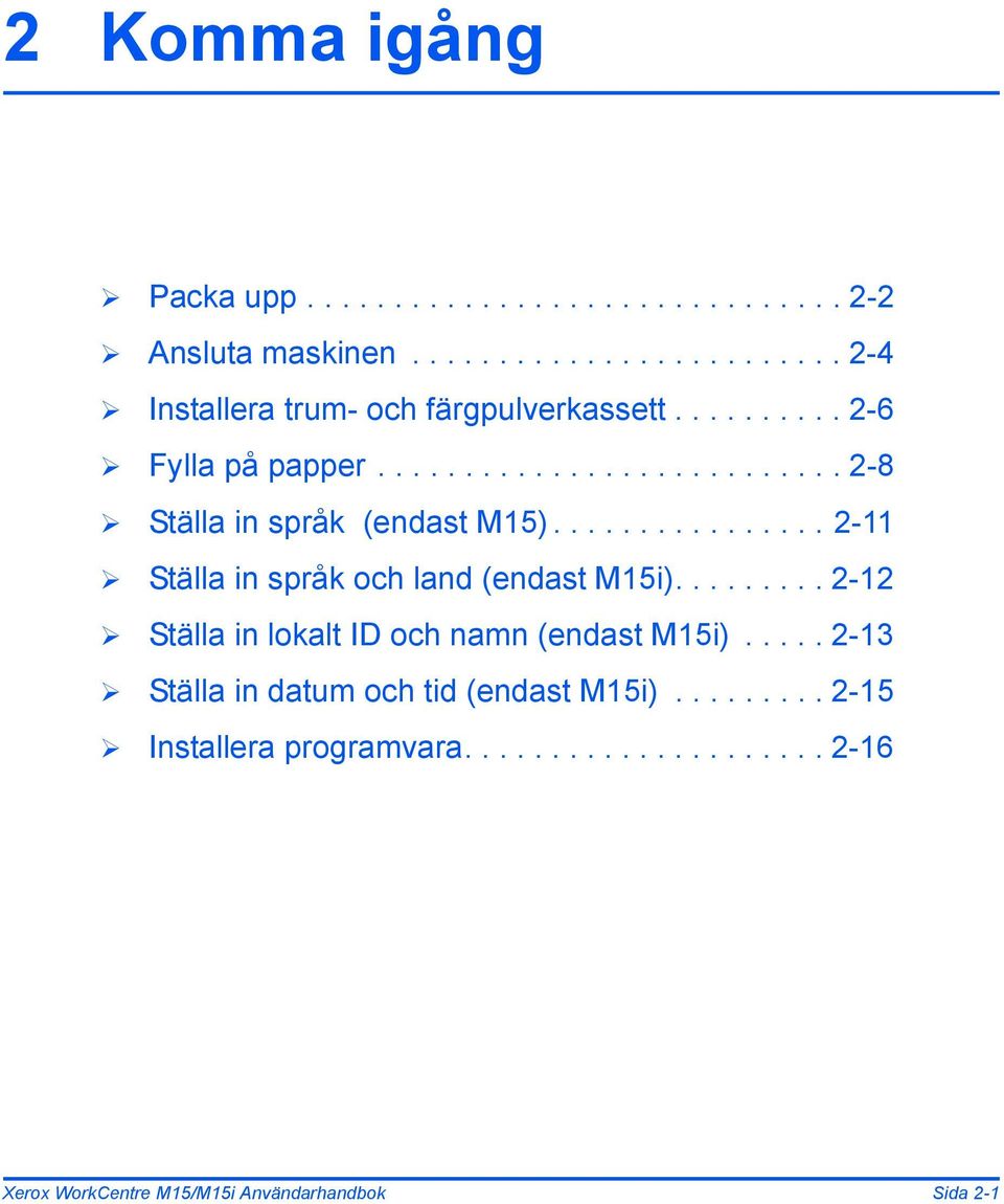 ............... 2-11 Ställa in språk och land (endast M15i)......... 2-12 Ställa in lokalt ID och namn (endast M15i).