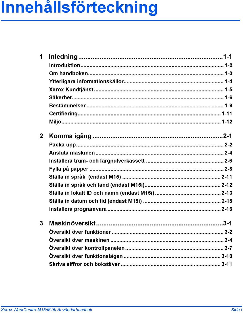 .. 2-11 Ställa in språk och land (endast M15i)... 2-12 Ställa in lokalt ID och namn (endast M15i)... 2-13 Ställa in datum och tid (endast M15i)... 2-15 Installera programvara... 2-16 3 Maskinöversikt.