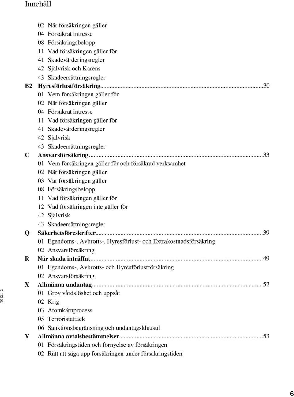 ..30 01 Vem försäkringen gäller för 02 När försäkringen gäller 04 Försäkrat intresse 11 Vad försäkringen gäller för 41 Skadevärderingsregler 42 Självrisk 43 Skadeersättningsregler C Ansvarsförsäkring.