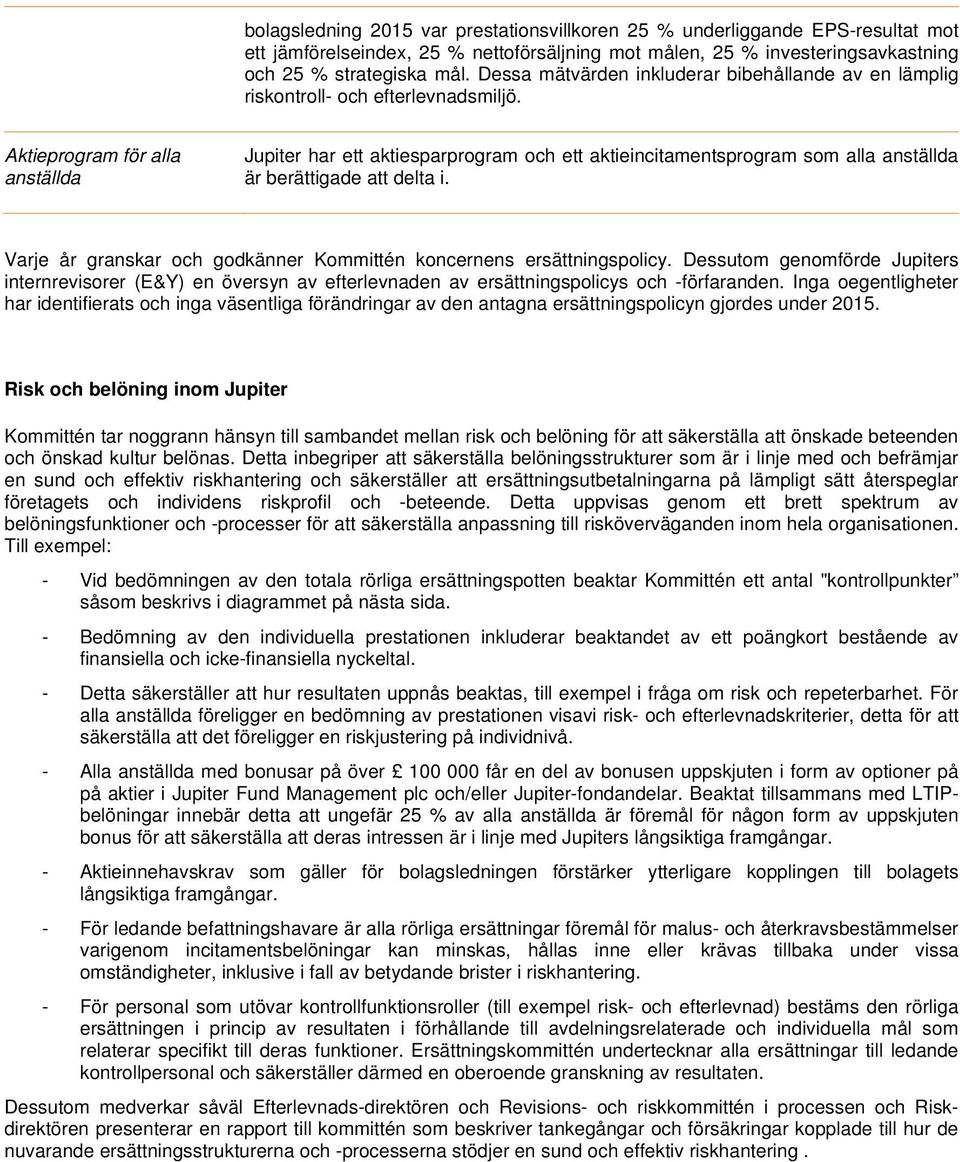 Aktieprogram för alla anställda Jupiter har ett aktiesparprogram och ett aktieincitamentsprogram som alla anställda är berättigade att delta i.