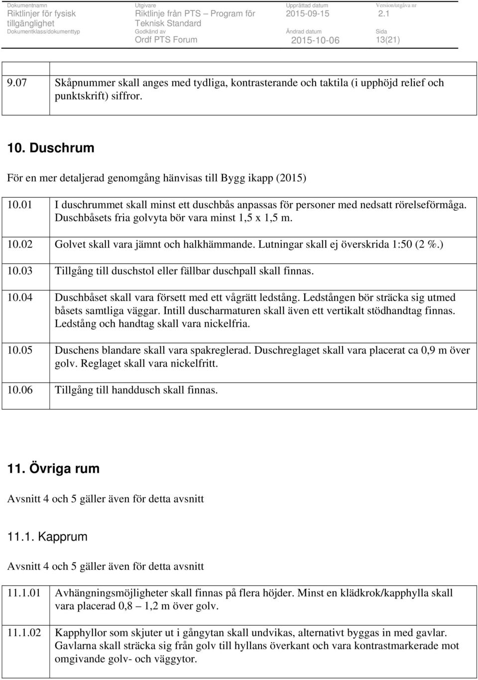 Lutningar skall ej överskrida 1:50 (2 %.) 10.03 Tillgång till duschstol eller fällbar duschpall skall finnas. 10.04 Duschbåset skall vara försett med ett vågrätt ledstång.