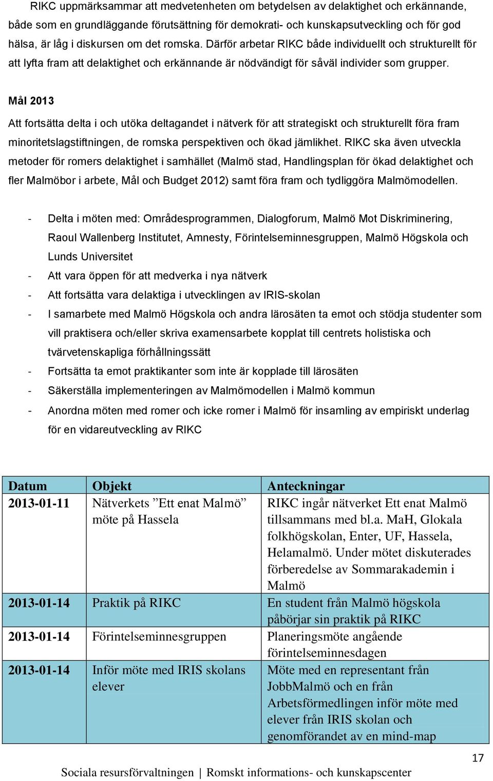 Mål 2013 Att fortsätta delta i och utöka deltagandet i nätverk för att strategiskt och strukturellt föra fram minoritetslagstiftningen, de romska perspektiven och ökad jämlikhet.