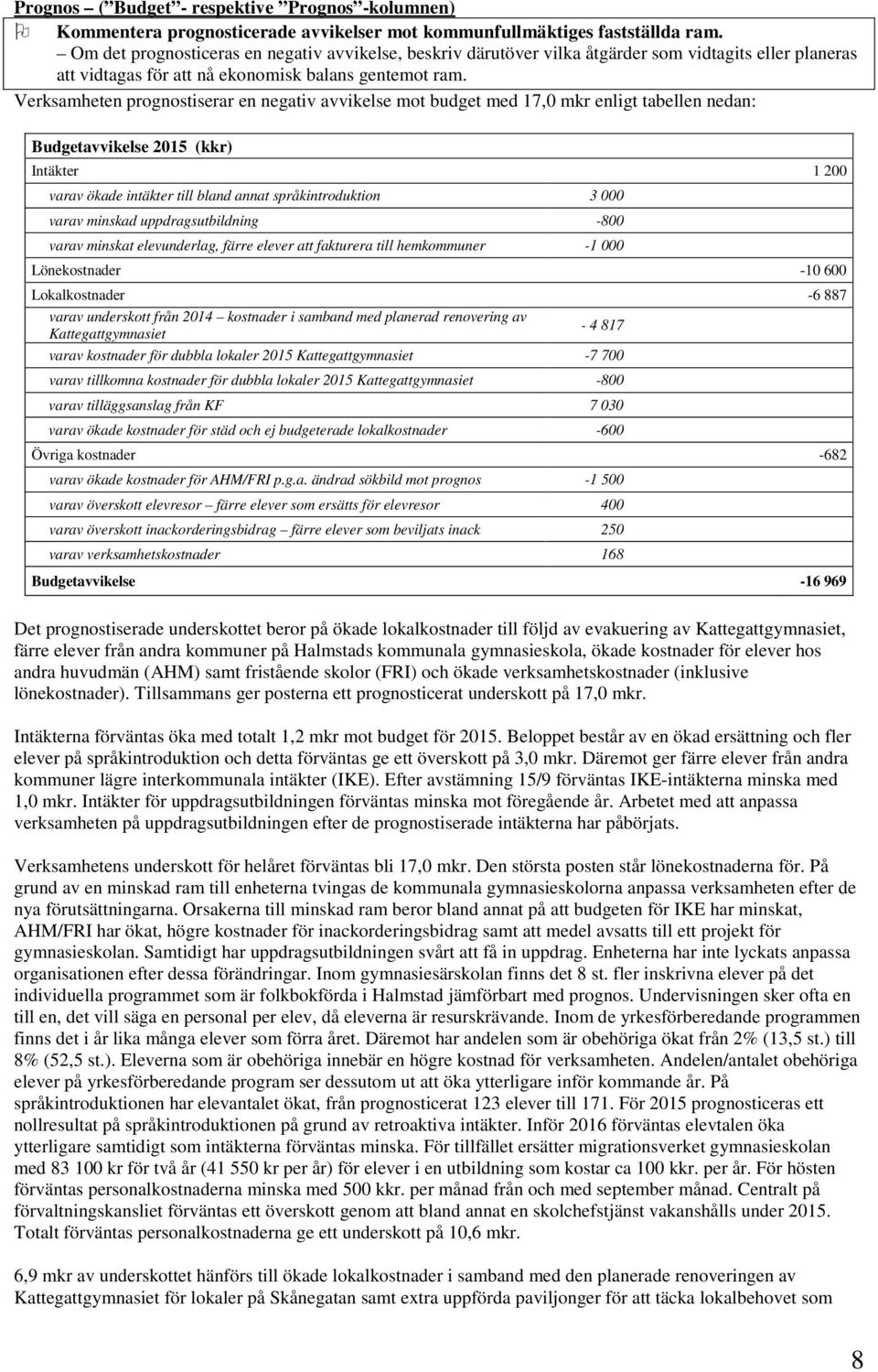 Verksamheten prognostiserar en negativ avvikelse mot budget med 17,0 mkr enligt tabellen nedan: Budgetavvikelse 2015 (kkr) Intäkter 1 200 varav ökade intäkter till bland annat språkintroduktion 3 000