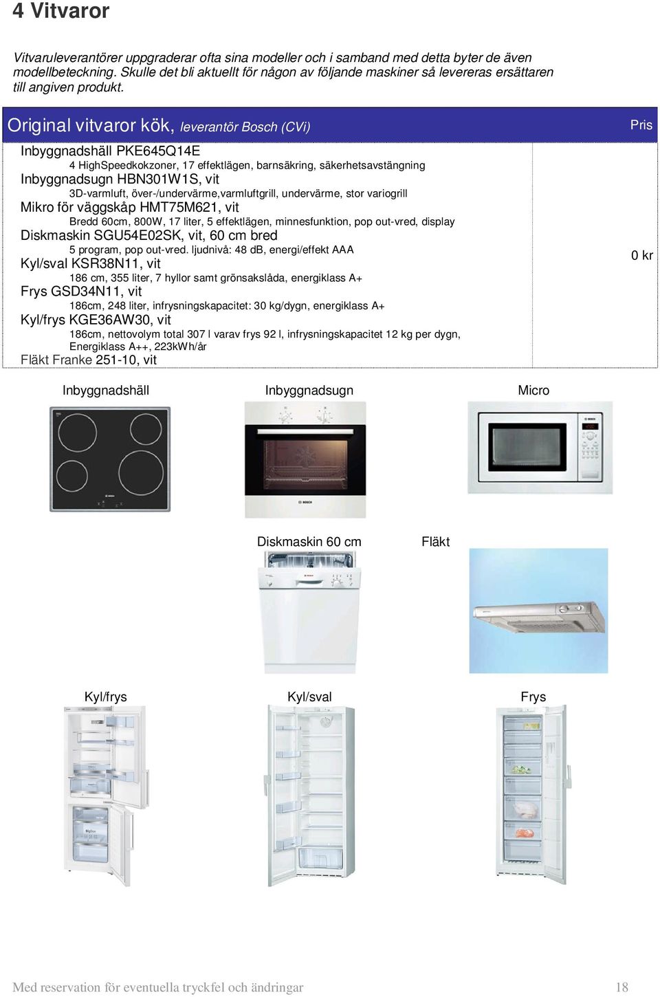 Original vitvaror kök, leverantör Bosch (CVi) Inbyggnadshäll PKE645Q14E 4 HighSpeedkokzoner, 17 effektlägen, barnsäkring, säkerhetsavstängning Inbyggnadsugn HBN301W1S, vit 3D-varmluft,