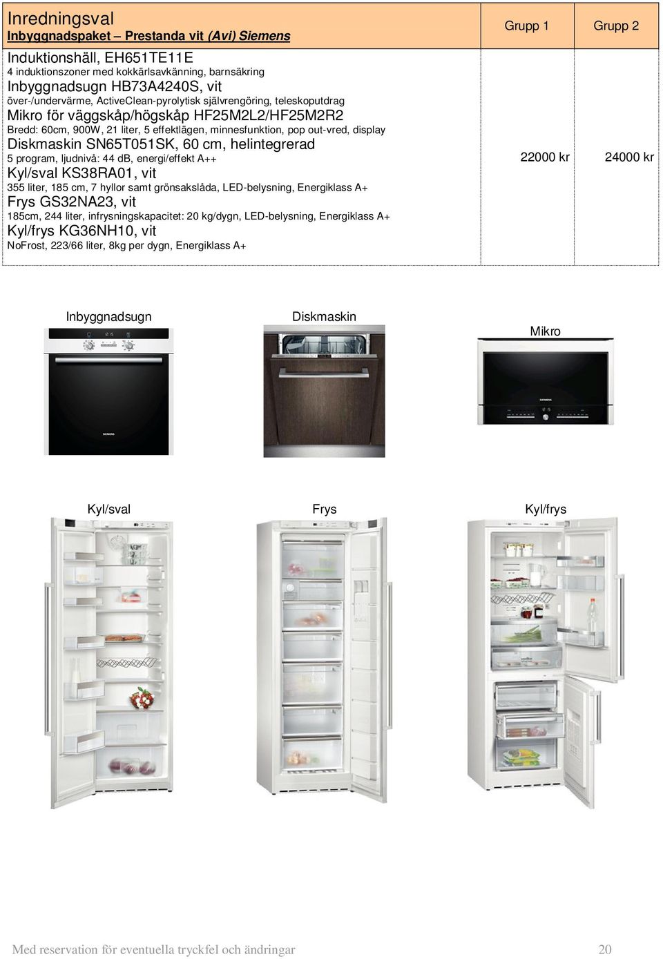 SN65T051SK, 60 cm, helintegrerad 5 program, ljudnivå: 44 db, energi/effekt A++ Kyl/sval KS38RA01, vit 355 liter, 185 cm, 7 hyllor samt grönsakslåda, LED-belysning, Energiklass A+ Frys GS32NA23, vit