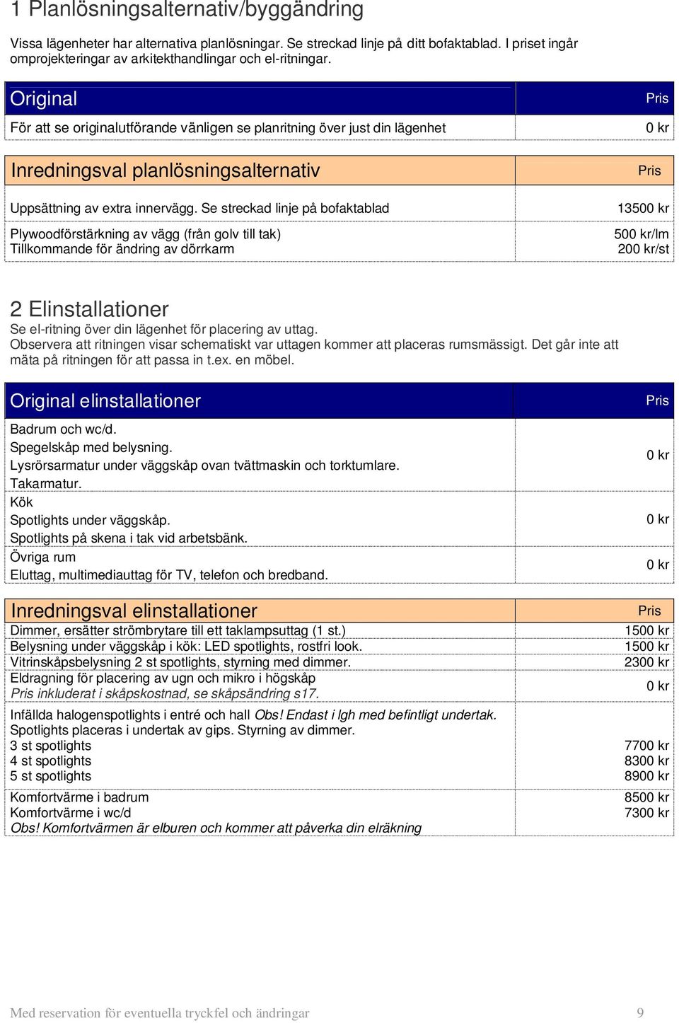 Se streckad linje på bofaktablad Plywoodförstärkning av vägg (från golv till tak) Tillkommande för ändring av dörrkarm 0 kr 13500 kr 500 kr/lm 200 kr/st 2 Elinstallationer Se el-ritning över din