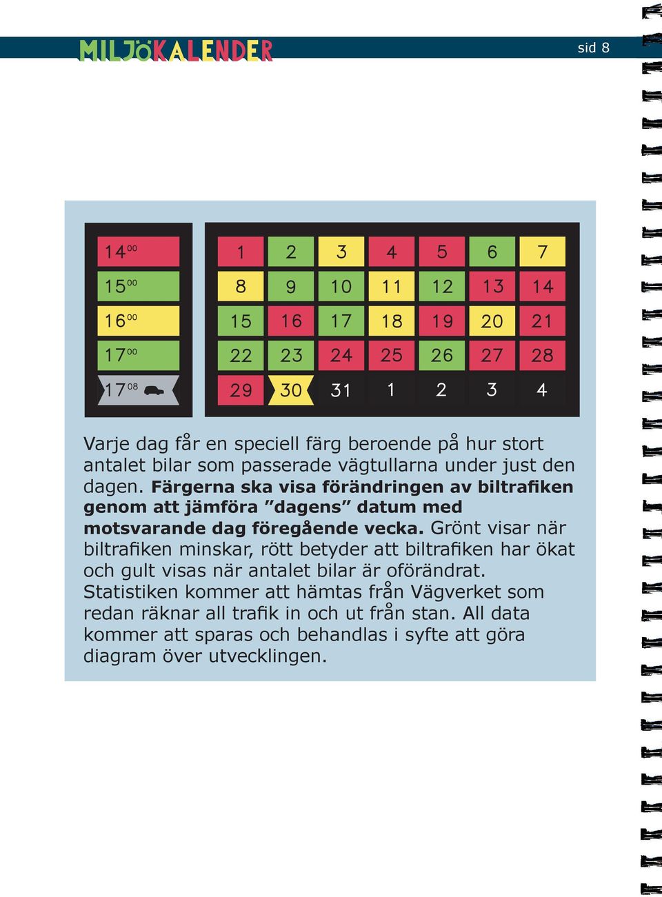 Grönt visar när biltrafiken minskar, rött betyder att biltrafiken har ökat och gult visas när antalet bilar är oförändrat.