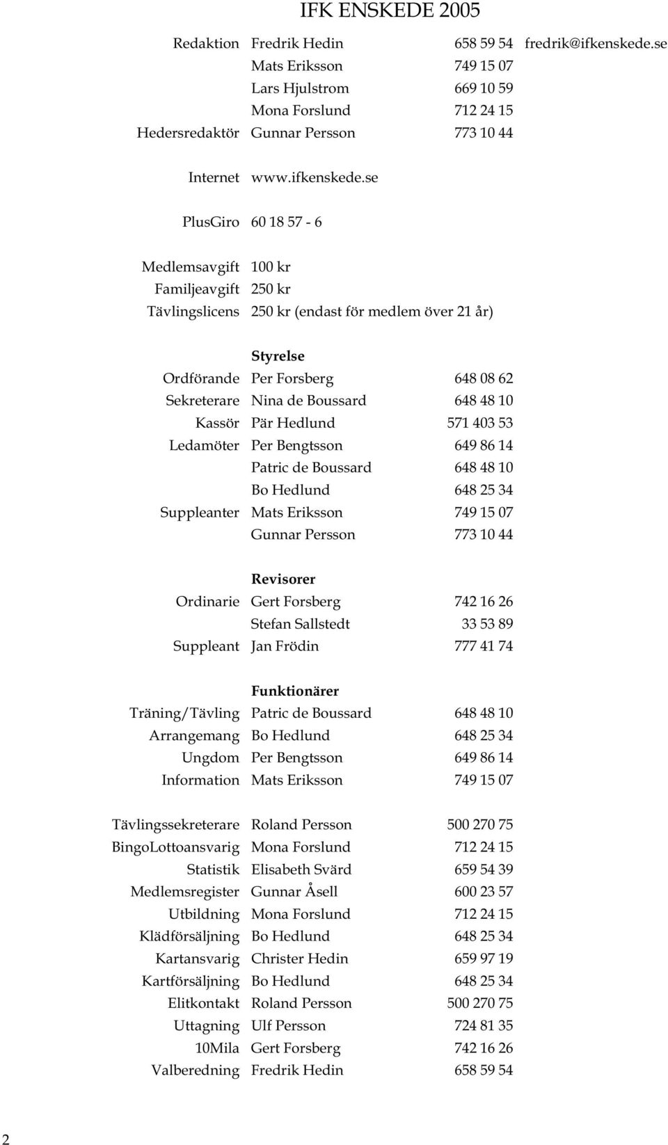 se PlusGiro 60 18 57-6 Medlemsavgift Familjeavgift Tävlingslicens 100 kr 250 kr 250 kr (endast för medlem över 21 år) Styrelse Ordförande Per Forsberg 648 08 62 Sekreterare Nina de Boussard 648 48 10