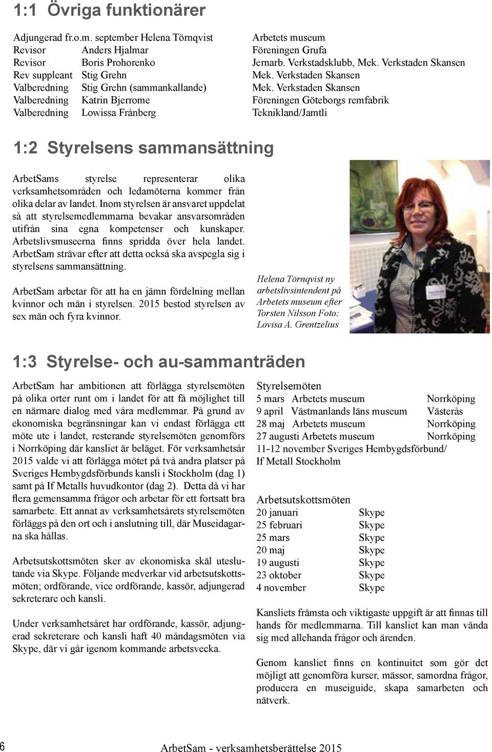 Verkstaden Skansen Valberedning Katrin Bjerrome Föreningen Göteborgs remfabrik Valberedning Lowissa Frånberg Teknikland/Jamtli 1:2 Styrelsens sammansättning ArbetSams styrelse representerar olika