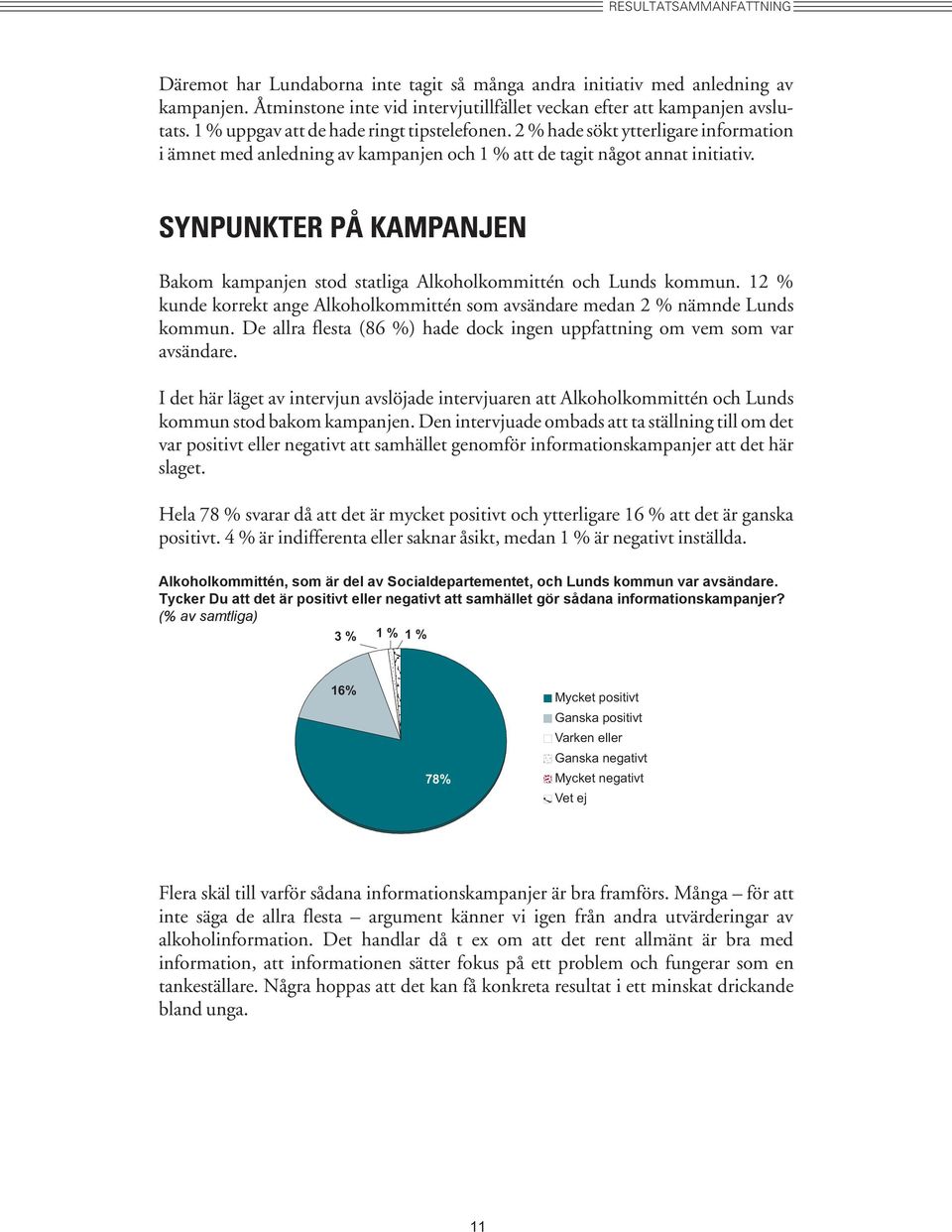 SYNPUNKTER PÅ KAMPANJEN Bakom kampanjen stod statliga Alkoholkommittén och Lunds kommun. 12 % kunde korrekt ange Alkoholkommittén som avsändare medan 2 % nämnde Lunds kommun.