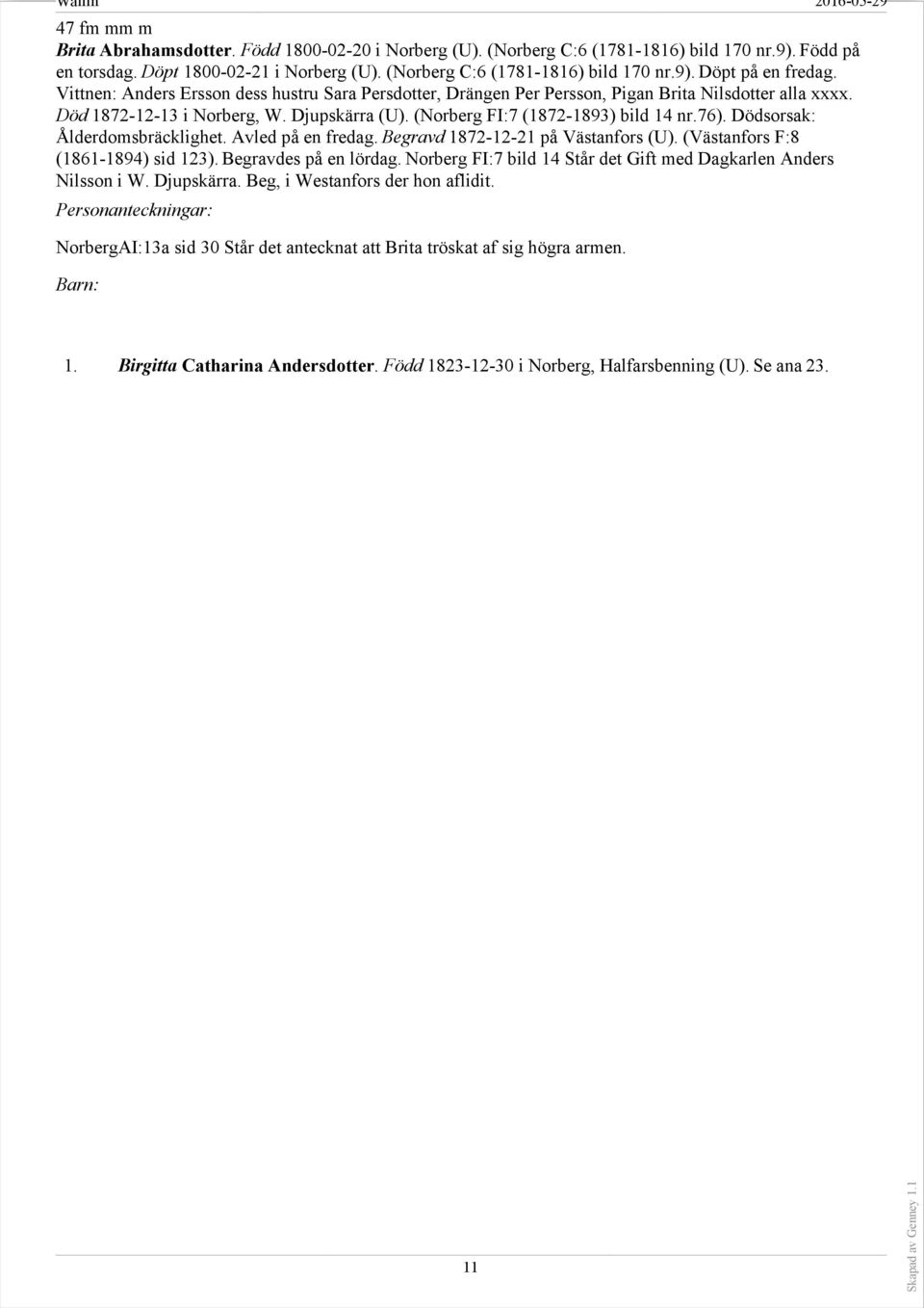 Dödsorsak: Ålderdomsbräcklighet. Avled på en fredag. Begravd 1872-12-21 på Västanfors (U). (Västanfors F:8 (1861-1894) sid 123). Begravdes på en lördag.