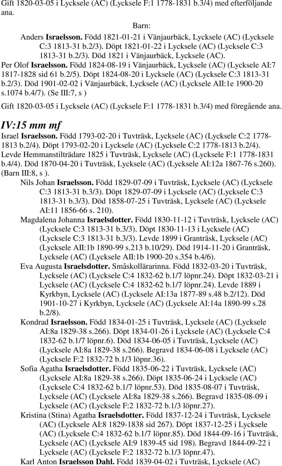 Född 1824-08-19 i Vänjaurbäck, Lycksele (AC) (Lycksele AI:7 1817-1828 sid 61 b.2/5). Döpt 1824-08-20 i Lycksele (AC) (Lycksele C:3 1813-31 b.2/3).