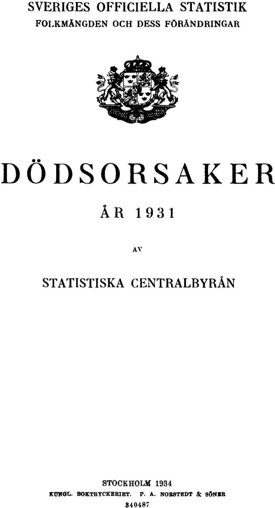 STATISTISKA CENTRALBYRÅN STOCKHOLM 1934