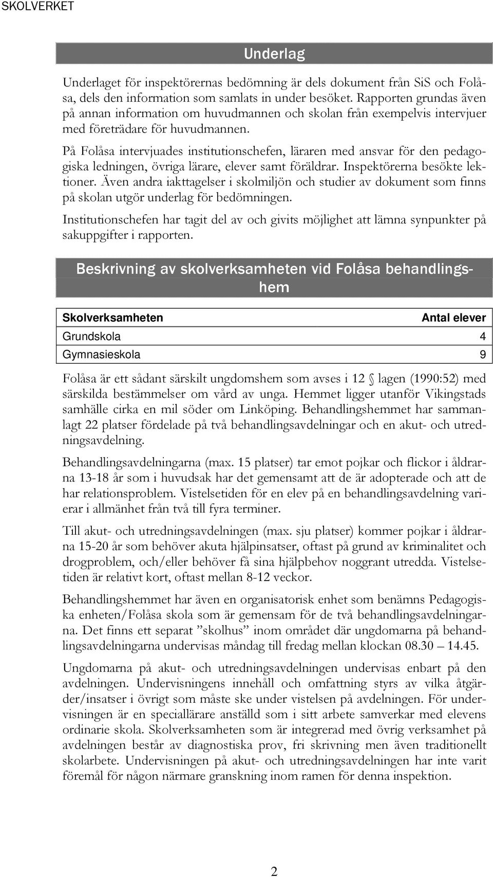 På Folåsa intervjuades institutionschefen, läraren med ansvar för den pedagogiska ledningen, övriga lärare, elever samt föräldrar. Inspektörerna besökte lektioner.