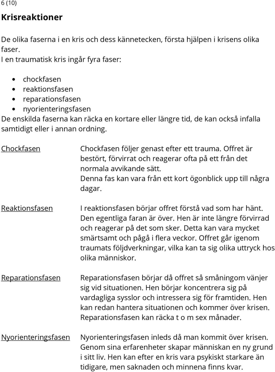 annan ordning. Chockfasen Reaktionsfasen Reparationsfasen Nyorienteringsfasen Chockfasen följer genast efter ett trauma.