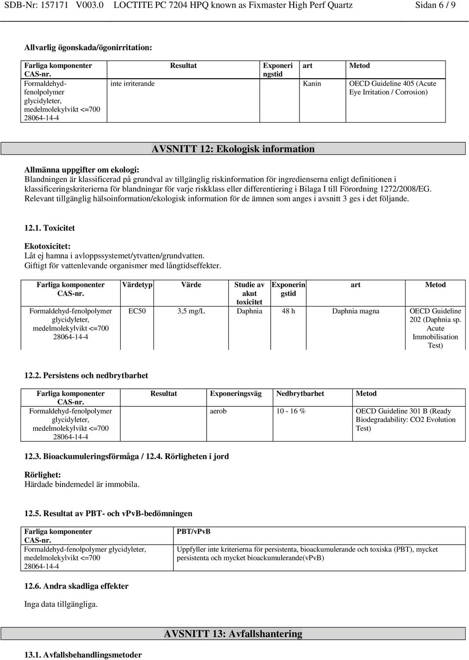 Kanin OECD Guideline 405 (Acute Eye Irritation / Corrosion) AVSNITT 12: Ekologisk information Allmänna uppgifter om ekologi: Blandningen är klassificerad på grundval av tillgänglig riskinformation