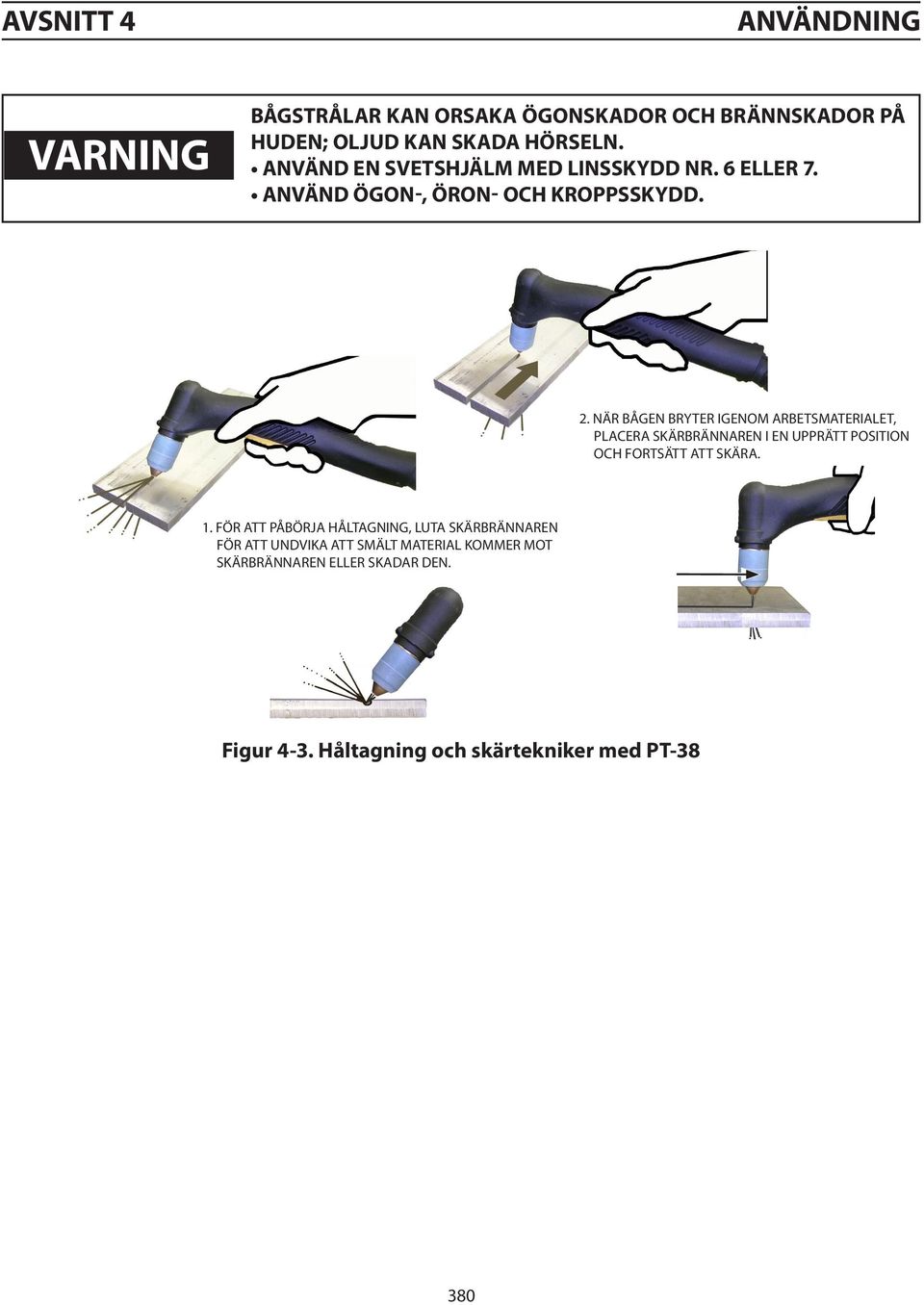 NÄR BÅGEN BRYTER IGENOM ARBETSMATERIALET, PLACERA SKÄRBRÄNNAREN I EN UPPRÄTT POSITION OCH FORTSÄTT ATT SKÄRA. 1.