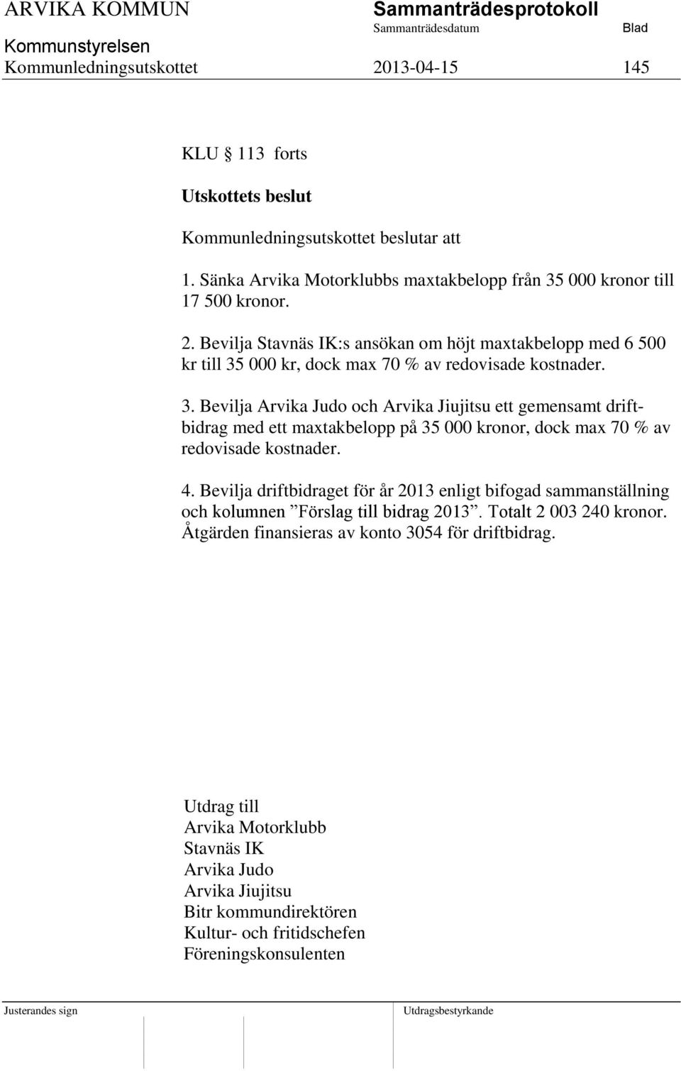 Bevilja driftbidraget för år 2013 enligt bifogad sammanställning och kolumnen Förslag till bidrag 2013. Totalt 2 003 240 kronor. Åtgärden finansieras av konto 3054 för driftbidrag.