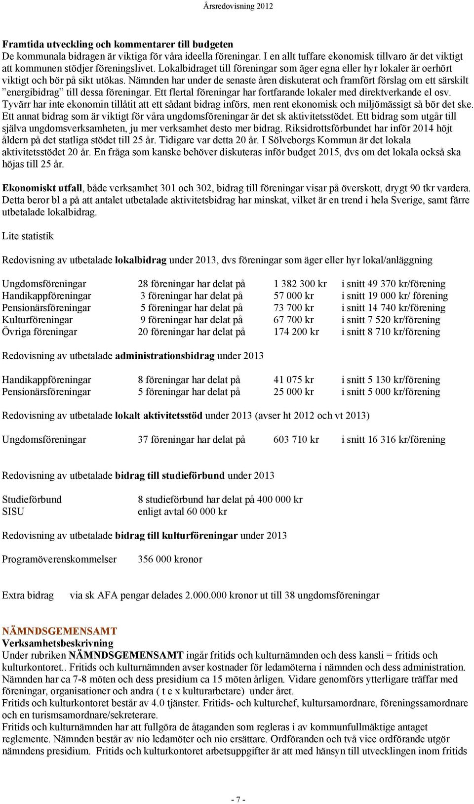 Nämnden har under de senaste åren diskuterat och framfört förslag om ett särskilt energibidrag till dessa föreningar. Ett flertal föreningar har fortfarande lokaler med direktverkande el osv.
