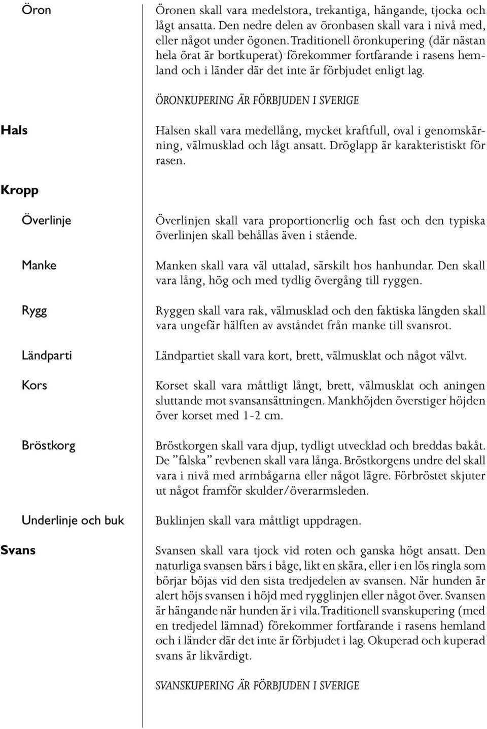 ÖRONKUPERING ÄR FÖRBJUDEN I SVERIGE Hals Halsen skall vara medellång, mycket kraftfull, oval i genomskärning, välmusklad och lågt ansatt. Dröglapp är karakteristiskt för rasen.