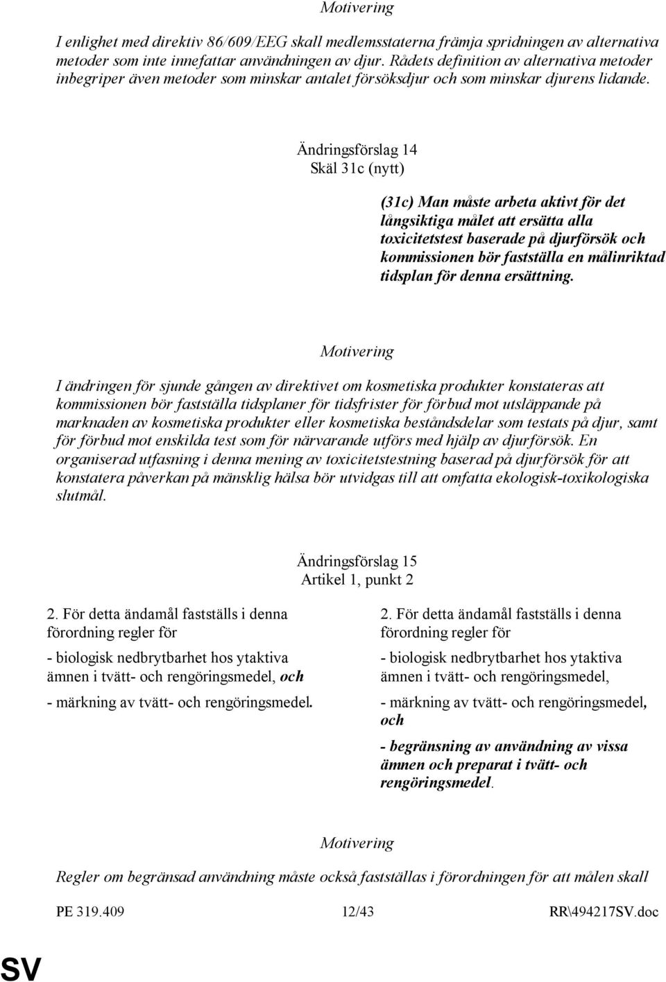 Ändringsförslag 14 Skäl 31c (nytt) (31c) Man måste arbeta aktivt för det långsiktiga målet att ersätta alla toxicitetstest baserade på djurförsök och kommissionen bör fastställa en målinriktad