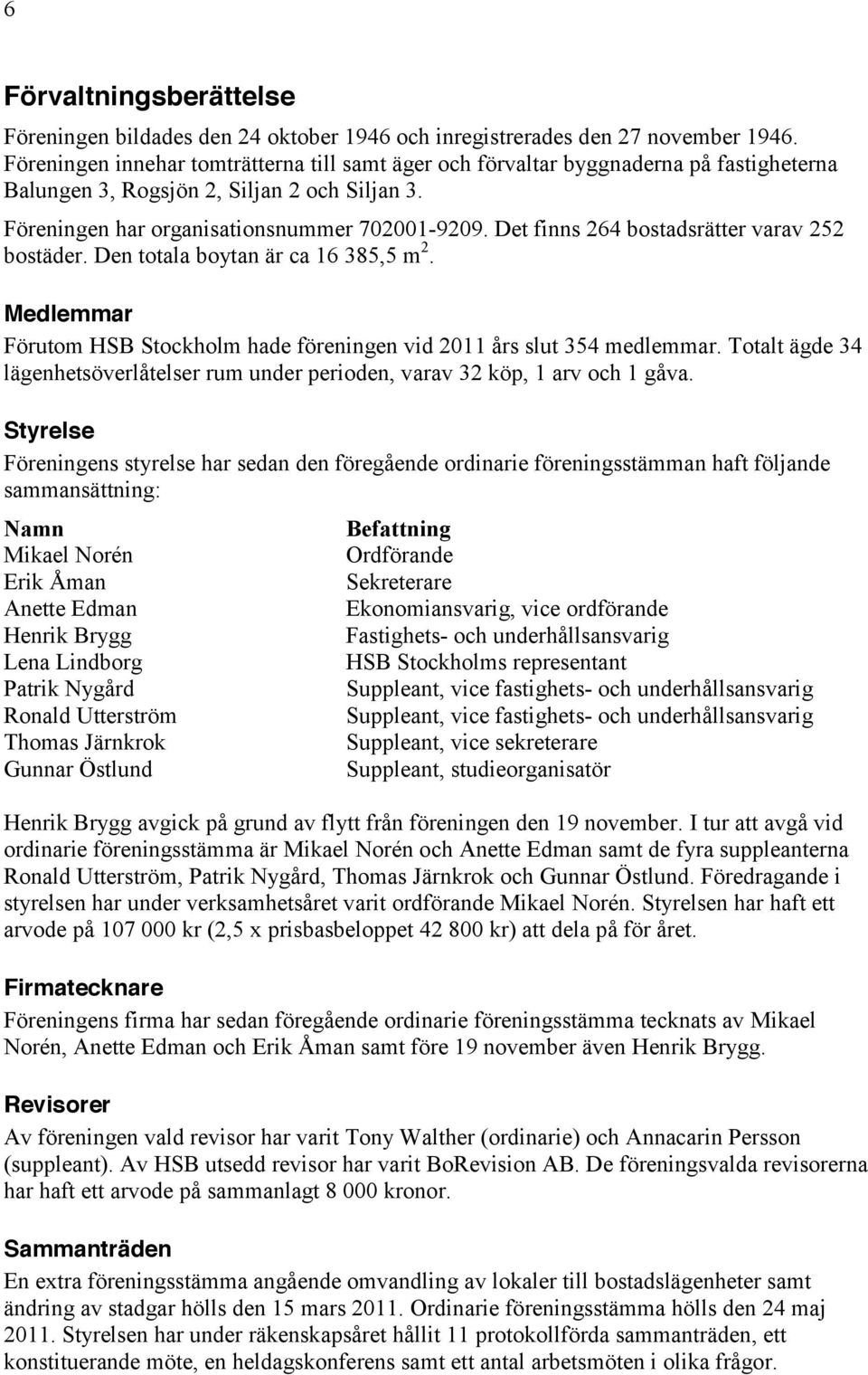 Det finns 264 bostadsrätter varav 252 bostäder. Den totala boytan är ca 16 385,5 m 2. Medlemmar Förutom HSB Stockholm hade föreningen vid 2011 års slut 354 medlemmar.