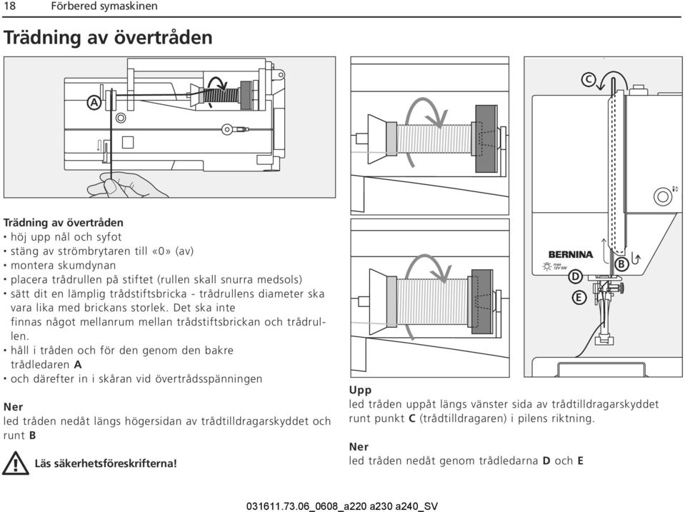 Det ska inte finnas något mellanrum mellan trådstiftsbrickan och trådrullen.