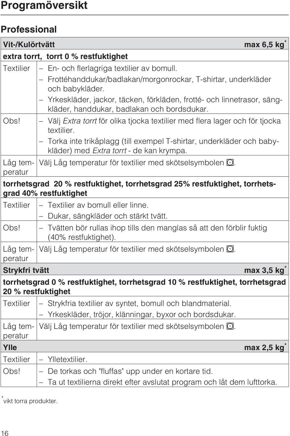 Välj Extra torrt för olika tjocka textilier med flera lager och för tjocka textilier. Torka inte trikåplagg (till exempel T-shirtar, underkläder och babykläder) med Extra torrt - de kan krympa.