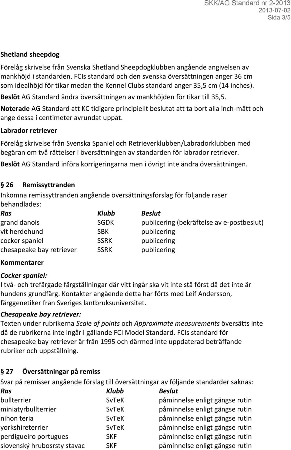 Beslöt AG Standard ändra översättningen av mankhöjden för tikar till 35,5.