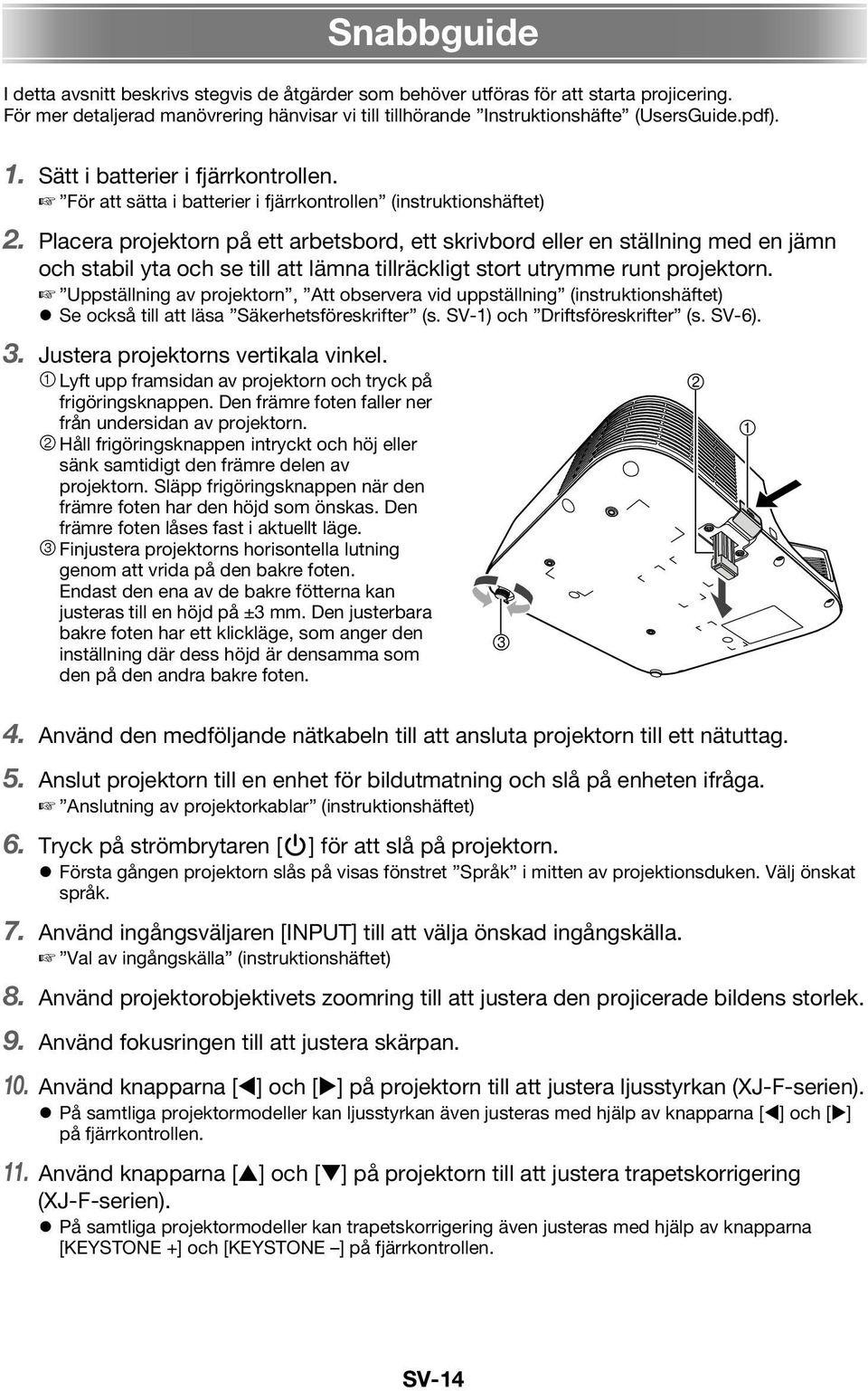 Placera projektorn på ett arbetsbord, ett skrivbord eller en ställning med en jämn och stabil yta och se till att lämna tillräckligt stort utrymme runt projektorn.