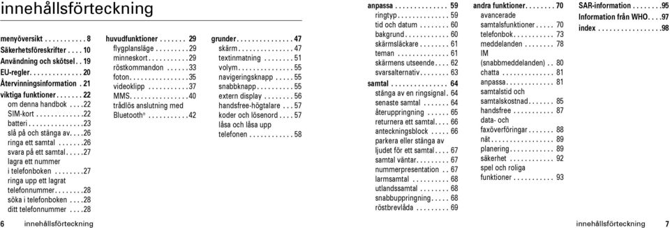 .......27 ringa upp ett lagrat telefonnummer........28 söka i telefonboken....28 ditt telefonnummer....28 huvud....... 29 flygplansläge......... 29 minneskort........... 29 röstkommandon...... 33 foton.