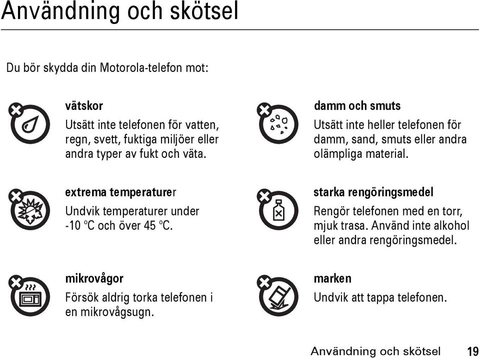 extrema temperaturer Undvik temperaturer under -10 C och över 45 C. starka rengöringsmedel Rengör telefonen med en torr, mjuk trasa.
