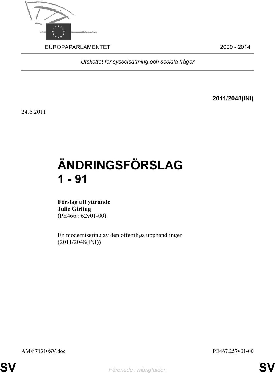 2011 2011/2048(INI) ÄNDRINGSFÖRSLAG 1-91 Julie Girling (PE466.