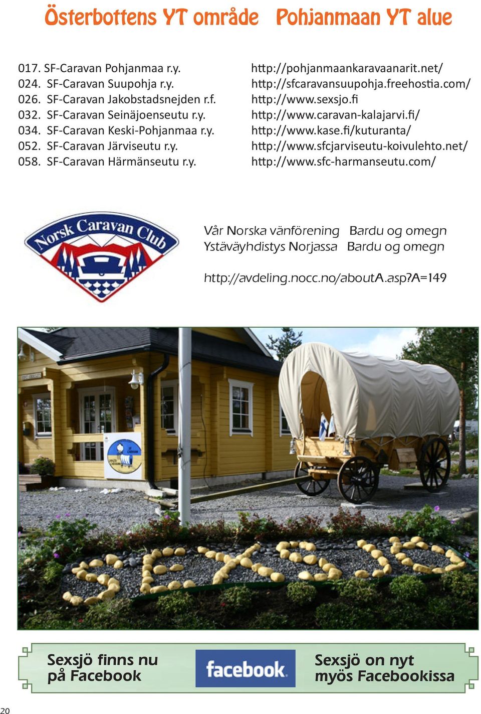SF-Caravan Keski-Pohjanmaa r.y. http://www.kase.fi/kuturanta/ 052. SF-Caravan Järviseutu r.y. http://www.sfcjarviseutu-koivulehto.net/ 058. SF-Caravan Härmänseutu r.y. http://www.sfc-harmanseutu.
