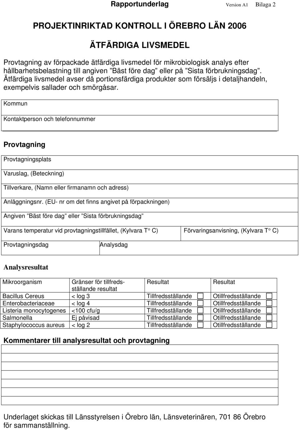 Kommun Kontaktperson och telefonnummer Provtagning Provtagningsplats Varuslag, (Beteckning) Tillverkare, (Namn eller firmanamn och adress) Anläggningsnr.