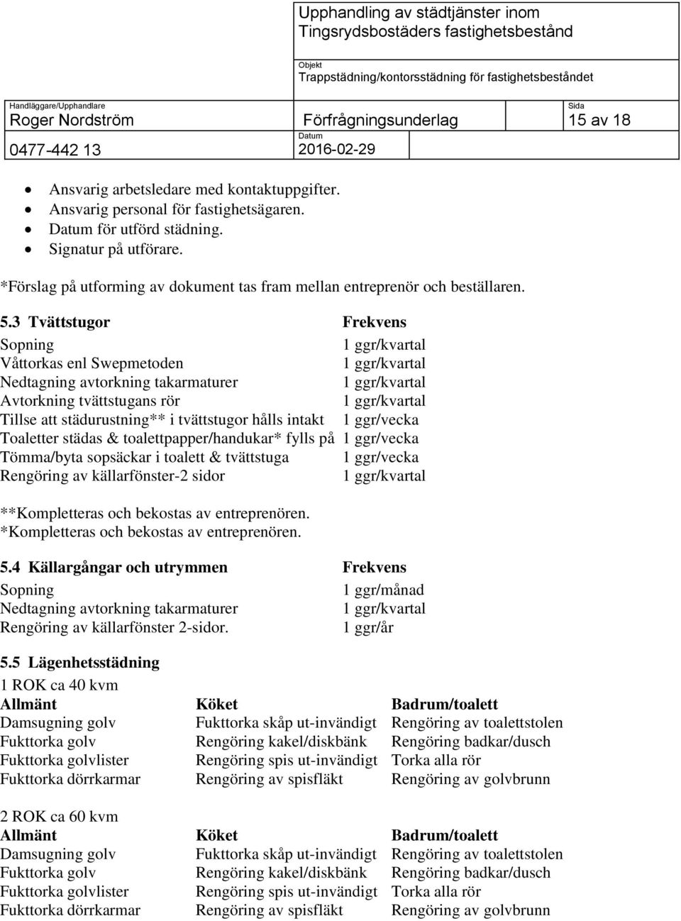 3 Tvättstugor Frekvens Sopning 1 ggr/kvartal Våttorkas enl Swepmetoden 1 ggr/kvartal Nedtagning avtorkning takarmaturer 1 ggr/kvartal Avtorkning tvättstugans rör 1 ggr/kvartal Tillse att