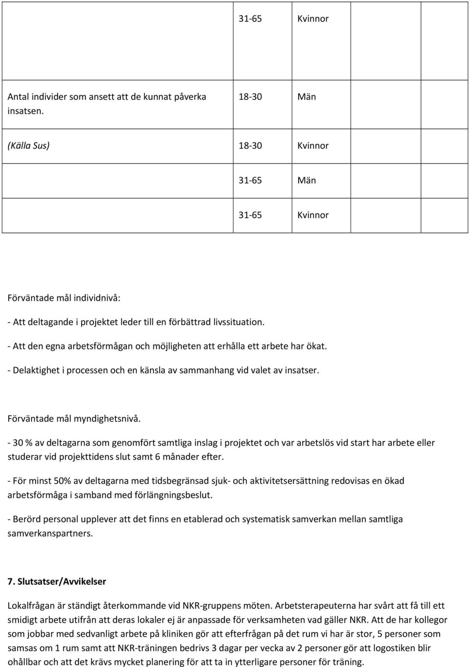 30 % av deltagarna som genomfört samtliga inslag i projektet och var arbetslös vid start har arbete eller studerar vid projekttidens slut samt 6 månader efter.