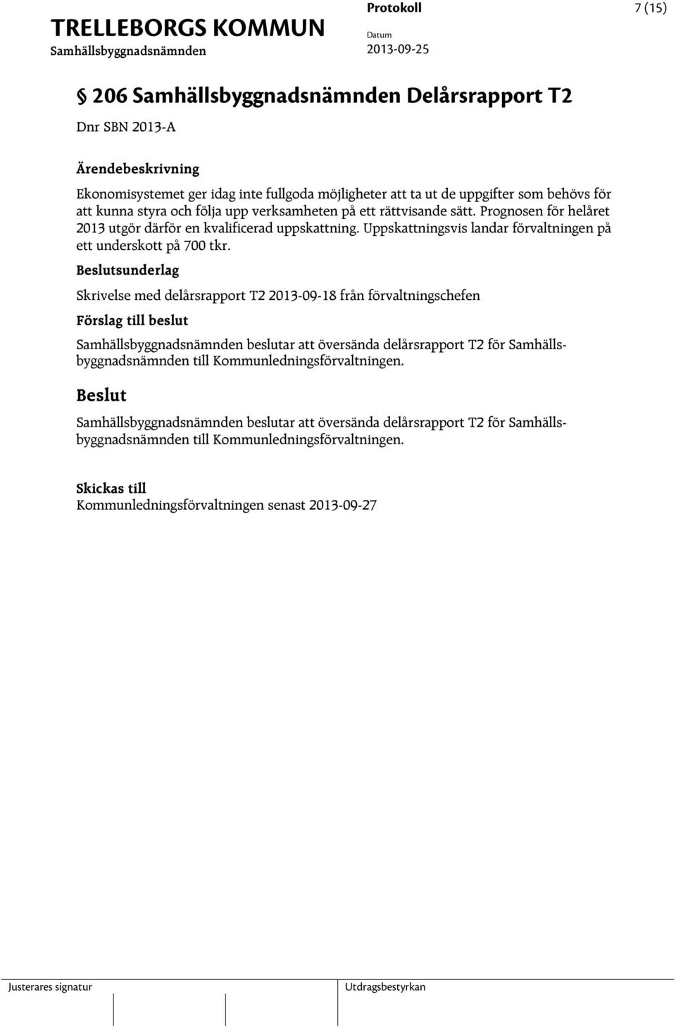 Uppskattningsvis landar förvaltningen på ett underskott på 700 tkr.