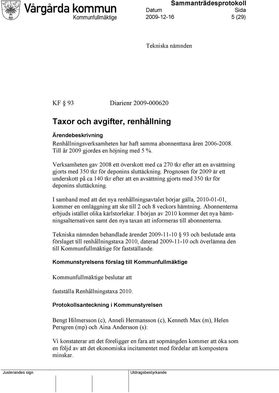 Prognosen för 2009 är ett underskott på ca 140 tkr efter att en avsättning gjorts med 350 tkr för deponins sluttäckning.