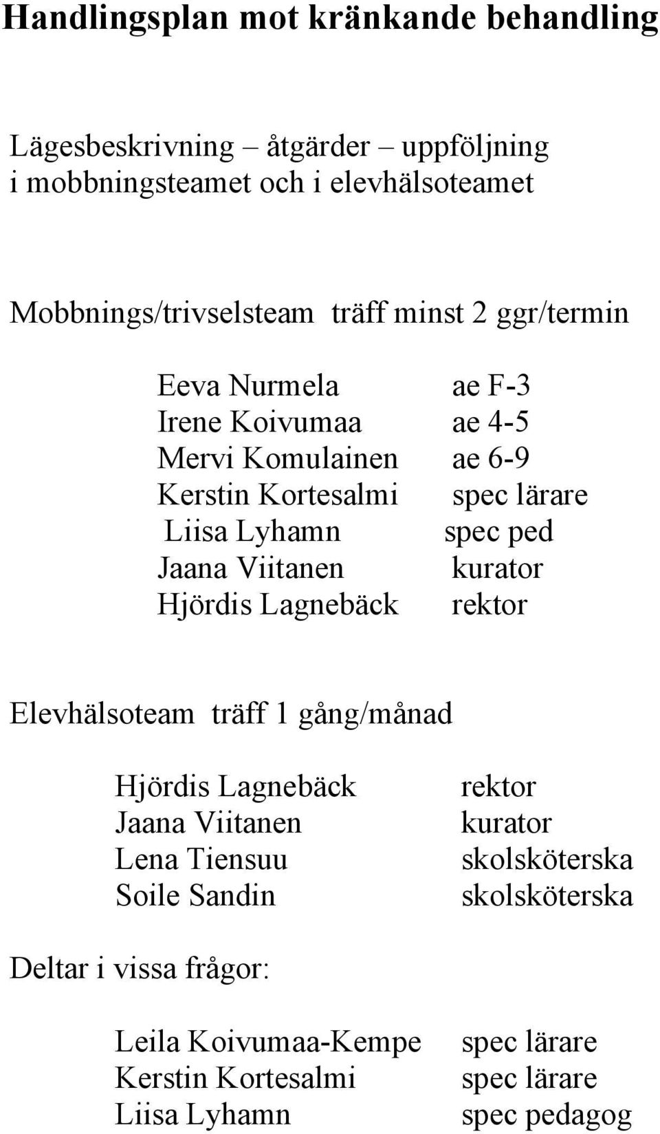 Jaana Viitanen kurator Hjördis Lagnebäck rektor Elevhälsoteam träff 1 gång/månad Hjördis Lagnebäck Jaana Viitanen Lena Tiensuu Soile Sandin