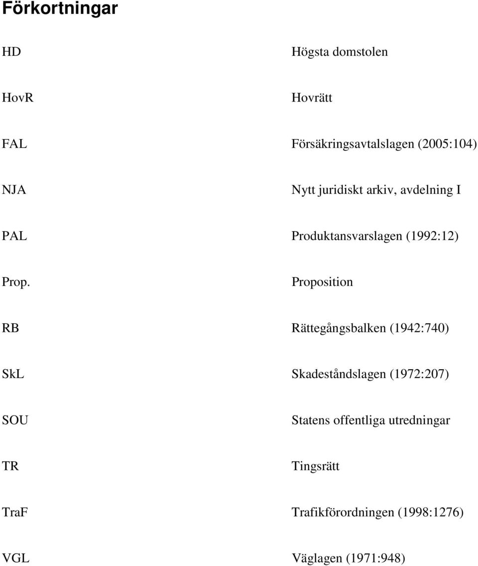 Proposition RB Rättegångsbalken (1942:740) SkL Skadeståndslagen (1972:207) SOU Statens