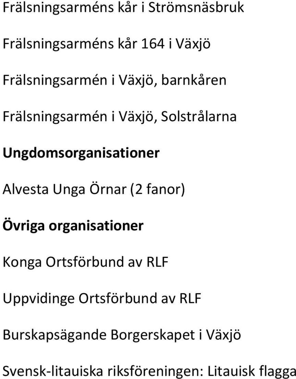 Unga Örnar (2 fanor) Övriga organisationer Konga Ortsförbund av RLF Uppvidinge