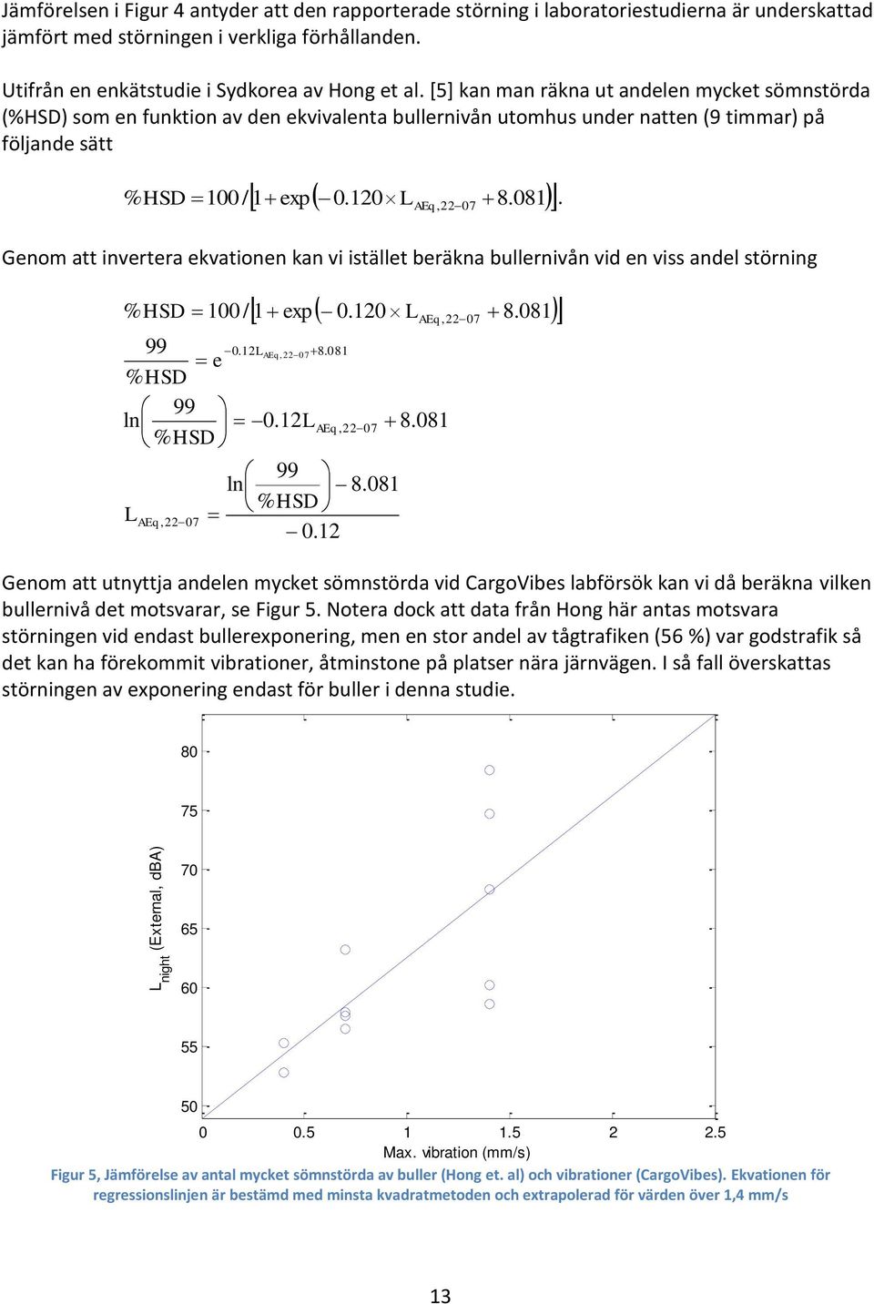 [5] kan man räkna ut andelen mycket sömnstörda (%HSD) som en funktion av den ekvivalenta bullernivån utomhus under natten (9 timmar) på följande sätt % L AEq, 22 07 HSD 100 / 1 exp 0.120 8.081.