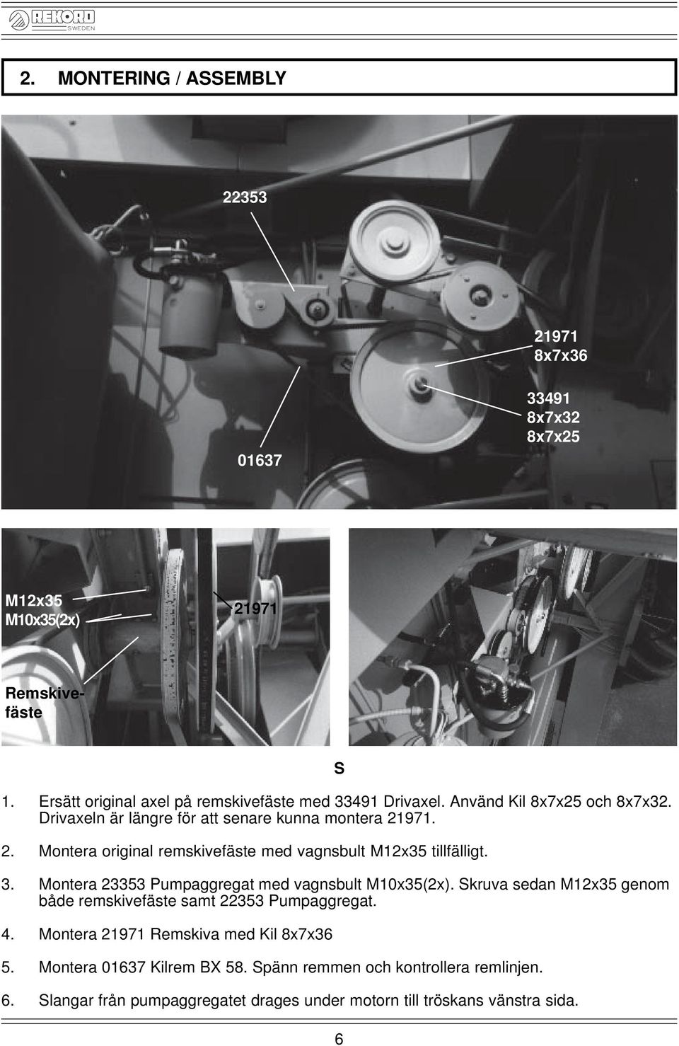 971. 2. Montera original remskivefäste med vagnsbult M12x35 tillfälligt. 3. Montera 23353 Pumpaggregat med vagnsbult M10x35(2x).