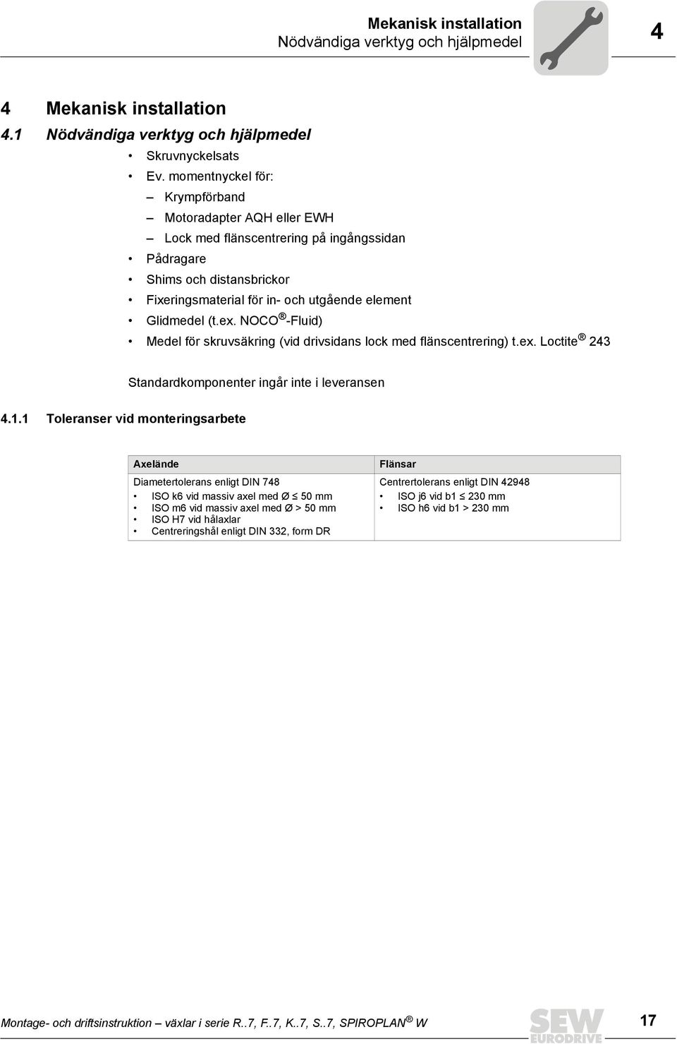 NOCO -Fluid) Medel för skruvsäkring (vid drivsidans lock med flänscentrering) t.ex. Loctite 243 Standardkomponenter ingår inte i leveransen 4.1.