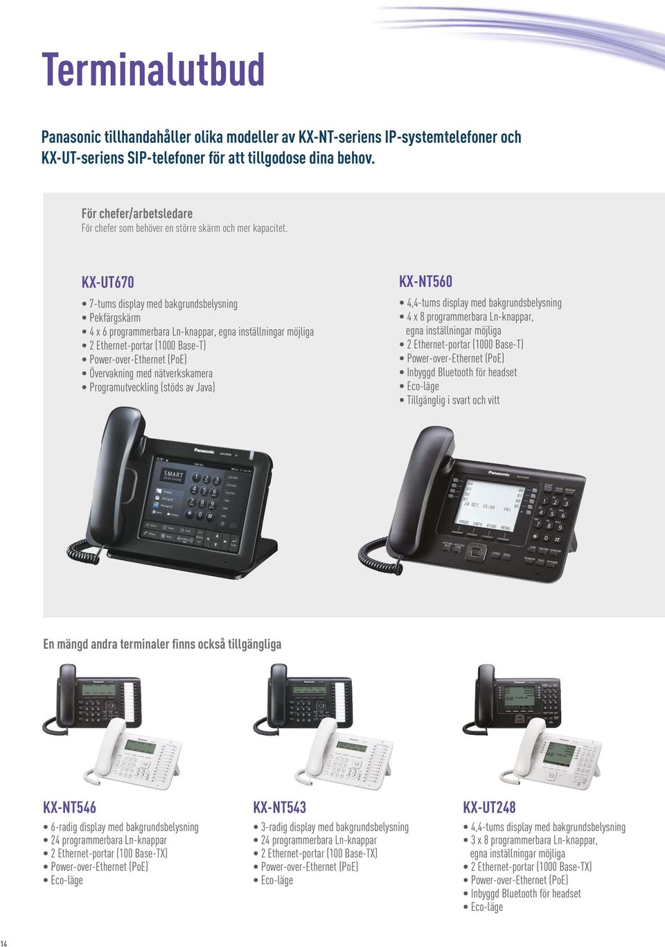 KX-UT670 7-tums display med bakgrundsbelysning Pekfärgskärm 4 x 6 programmerbara Ln-knappar, egna inställningar möjliga 2 Ethernet-portar (1000 Base-T) Övervakning med nätverkskamera